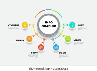Business icons design in circles. Infographics, marketing. Used to create workflows, diagrams web design presentations.Business concept with 6 options, process stages multicolored. Vector illustration