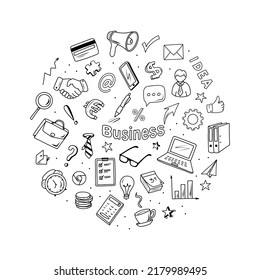 Business icons doodle set. Vector hand drawn black and white elements.