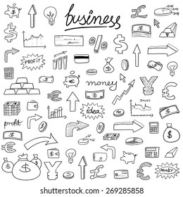 Business icons - doodle style illustration with money, currencies and finance object symbols.