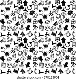 Business icons doodles black and white seamless pattern. Monochrome vector illustration. EPS8