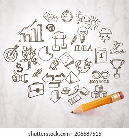 business icons drawn in pencil. Vector background. 