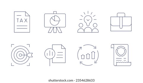 Business icons. editable stroke. Containing tax, results, creative team, briefcase, target, report, continuous improvement, bill.