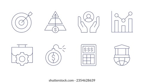 Business icons. editable stroke. Containing target, pyramid, care, bar chart, work in progress, debt, calculator, bank.