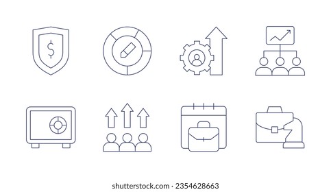 Iconos comerciales. trazo editable. Conteniendo el escudo, gráfico circular, negocio, estrategia, caja de seguridad, rendimiento, maletín.