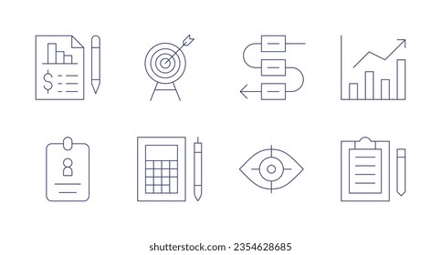Business icons. editable stroke. Containing income, aim, workflow, revenue, id card, accountant, vision, report.
