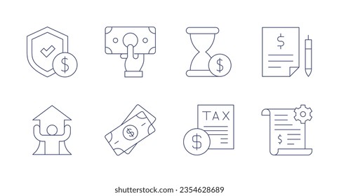 Business icons. editable stroke. Containing guarantee, money, time is money, quote request, growth, tax, development.