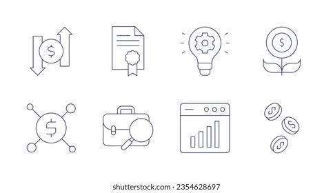 Business icons. editable stroke. Containing exchange, file, development, investment, dollar, job seeker, data analytics, coins.