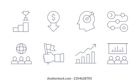 Iconos comerciales. trazo editable. Contiene gráfica, bajo precio, objetivo, producto, global, líder, estadísticas, presentación.