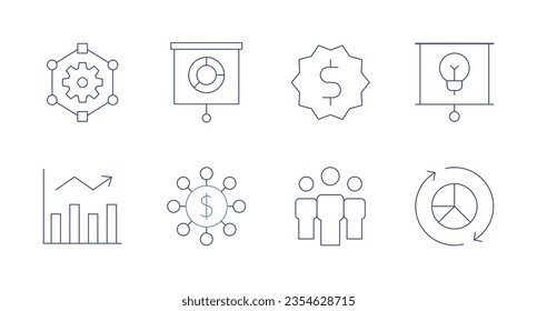 Business icons. editable stroke. Containing gear, money, sticker, presentation, business, marketing, teamwork, pie chart.