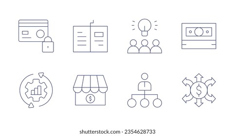 Business icons. editable stroke. Containing credit card, open book, idea, money, continuous, my business, hierarchy, money flow.