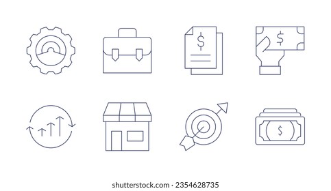 Unternehmenssymbole. bearbeitbarer Strich. Enthält Erstellung, Aktenmappe, Datei, Geld, kontinuierliche Verbesserung, Rechnung, Ziel.