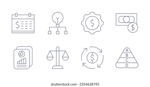 Business icons. editable stroke. Containing calendar, project management, gear, money, business report, balance, circular economy, maslow pyramid.