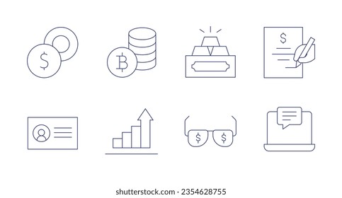 Business icons. editable stroke. Containing business, bitcoin symbol, gold ingots, loan, business card, bar graph, glasses, laptop.