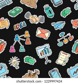 business icons or elements in seamless pattern with doodle style on chalkboard background