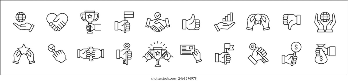 Business icons. Entrepreneurship icon set. Success business symbol collection. included icon of trophy, profit, money bag, hand holding key, handshake, achievement. Vector line isolated in white.
