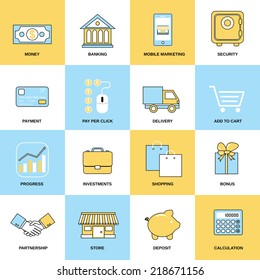 Business icons flat line set of money banking mobile marketing isolated vector illustration