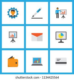 Business icons flat style set with bank card, contract, analytics and other developer elements. Isolated vector illustration business icons.
