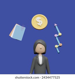 Business icons are floating above head concept. Realistic 3d object cartoon style.