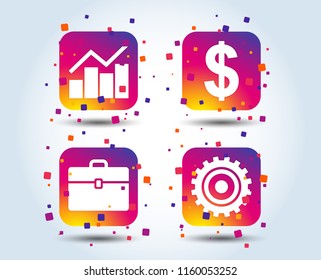 Business icons. Graph chart and case signs. Dollar currency and gear cogwheel symbols. Colour gradient square buttons. Flat design concept. Vector