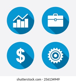 Business icons. Graph chart and case signs. Dollar currency and gear cogwheel symbols. Circle concept web buttons. Vector
