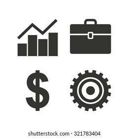 Business icons. Graph chart and case signs. Dollar currency and gear cogwheel symbols. Flat icons on white. Vector