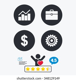 Business icons. Graph chart and case signs. Dollar currency and gear cogwheel symbols. Star vote ranking. Client like and think bubble. Quotes with message.