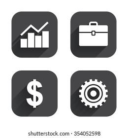 Business icons. Graph chart and case signs. Dollar currency and gear cogwheel symbols. Square flat buttons with long shadow.