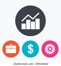 Business icons. Graph chart and case signs. Dollar currency and gear cogwheel symbols. Circle flat buttons with icon.