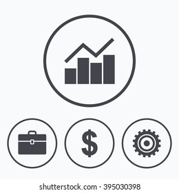 Business icons. Graph chart and case signs. Dollar currency and gear cogwheel symbols. Icons in circles.
