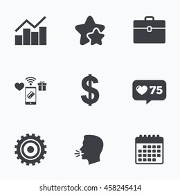 Business icons. Graph chart and case signs. Dollar currency and gear cogwheel symbols. Flat talking head, calendar icons. Stars, like counter icons. Vector