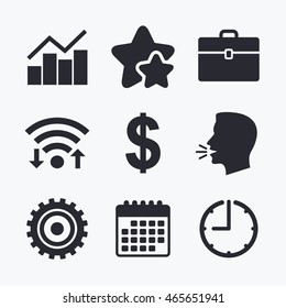 Business icons. Graph chart and case signs. Dollar currency and gear cogwheel symbols. Wifi internet, favorite stars, calendar and clock. Talking head. Vector