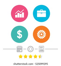 Business icons. Graph chart and case signs. Dollar currency and gear cogwheel symbols. Calendar, cogwheel and report linear icons. Star vote ranking. Vector