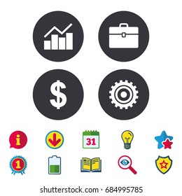 Business icons. Graph chart and case signs. Dollar currency and gear cogwheel symbols. Calendar, Information and Download signs. Stars, Award and Book icons. Light bulb, Shield and Search. Vector