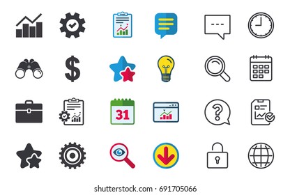 Business icons. Graph chart and case signs. Dollar currency and gear cogwheel symbols. Chat, Report and Calendar signs. Stars, Statistics and Download icons. Question, Clock and Globe. Vector