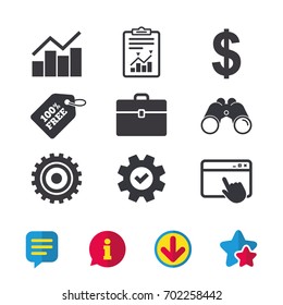 Business icons. Graph chart and case signs. Dollar currency and gear cogwheel symbols. Browser window, Report and Service signs. Binoculars, Information and Download icons. Stars and Chat. Vector