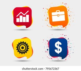 Business icons. Graph chart and case signs. Dollar currency and gear cogwheel symbols. Speech bubbles or chat symbols. Colored elements. Vector