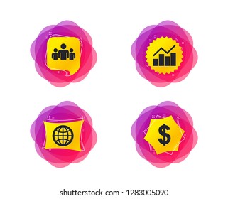 Business icons. Graph chart and globe signs. Dollar currency and group of people symbols. Geometric gradient sales shapes. Creative banners. Template for design. Vector
