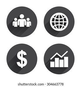 Business icons. Graph chart and globe signs. Dollar currency and group of people symbols. Circles buttons with long flat shadow. Vector