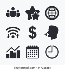 Business icons. Graph chart and globe signs. Dollar currency and group of people symbols. Wifi internet, favorite stars, calendar and clock. Talking head. Vector