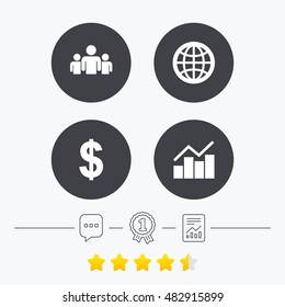 Business icons. Graph chart and globe signs. Dollar currency and group of people symbols. Chat, award medal and report linear icons. Star vote ranking. Vector