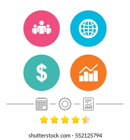 Business icons. Graph chart and globe signs. Dollar currency and group of people symbols. Calendar, cogwheel and report linear icons. Star vote ranking. Vector
