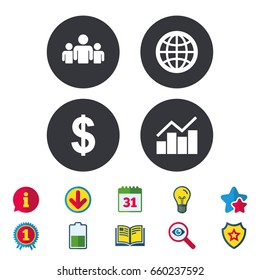 Business icons. Graph chart and globe signs. Dollar currency and group of people symbols. Calendar, Information and Download signs. Stars, Award and Book icons. Light bulb, Shield and Search. Vector