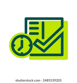Business icons with green color. Checklist with a clock and a tick on it. Perfect for websites, presentations, apps, and other digital projects. Vector illustration.