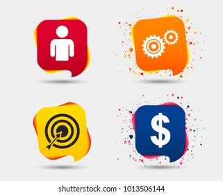 Business icons. Human silhouette and aim targer with arrow signs. Dollar currency and gear symbols. Speech bubbles or chat symbols. Colored elements. Vector