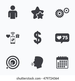 Business icons. Human silhouette and aim targer with arrow signs. Dollar currency and gear symbols. Flat talking head, calendar icons. Stars, like counter icons. Vector