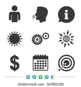 Business icons. Human silhouette and aim targer with arrow signs. Dollar currency and gear symbols. Information, go to web and calendar icons. Sun and loud speak symbol. Vector
