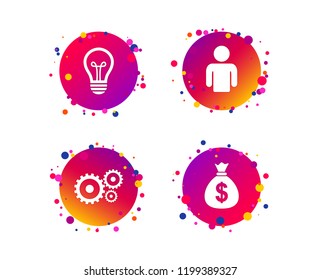 Business icons. Human silhouette and lamp bulb idea signs. Dollar money bag and gear symbols. Gradient circle buttons with icons. Random dots design. Vector