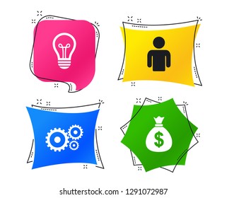 Business icons. Human silhouette and lamp bulb idea signs. Dollar money bag and gear symbols. Geometric colorful tags. Banners with flat icons. Trendy design. Vector