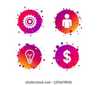 Business icons. Human silhouette and lamp bulb idea signs. Dollar currency and gear symbols. Gradient circle buttons with icons. Random dots design. Vector