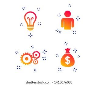 Business icons. Human silhouette and lamp bulb idea signs. Dollar money bag and gear symbols. Random dynamic shapes. Gradient idea icon. Vector